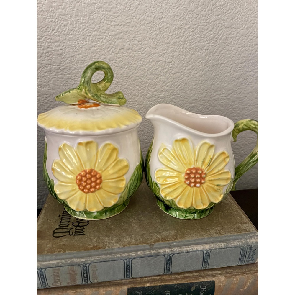 Ceramic Floral Creamer & Lidded Sugar Bowl Set w/ Handles, White/Yellow C-761